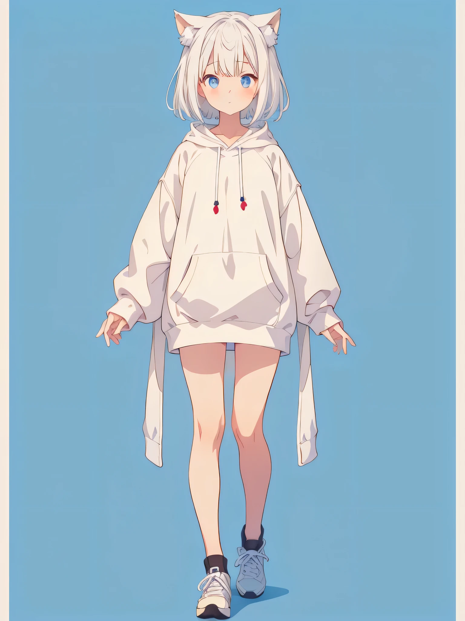 1girl、A simple long hoodie、Rib knit cuffs and hem、vtuber-fullbody、Milky white short hair、