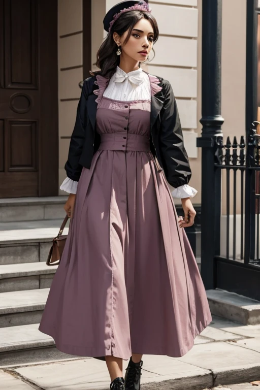 mujer con ropa victoriana de color rosa