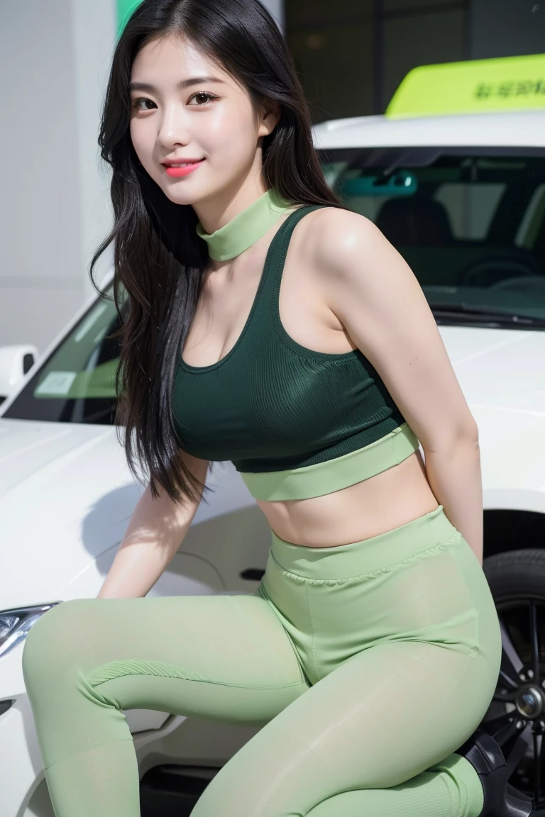 (8K), (highest quality: 1.2), (Realistic), (Realistic: 1.37), Ultra-high resolution, (1 girl, cute, smile, Closed Mouth, Thick lips,Red Lip,Beautiful details, Beautiful Nose, (straight black hair), smooth hair,giant dulcefo, Self Snap,Light green hot nylon pants,Light green bra(Natural knee-high socks),At the Motor Show,Close up on wet thighs,(Medium Shot:1.2),