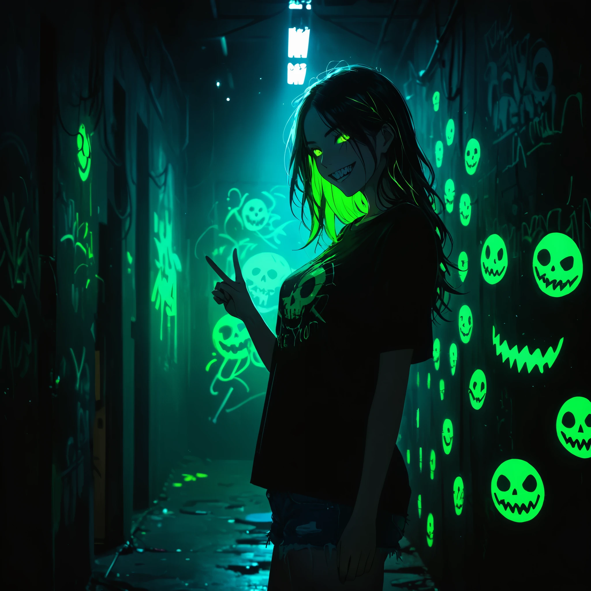 (Portrait of a mysterious giant eye),indoor,Fluorescent illumination,(((Darkness shrouded))),Wall background,black background,silhouette,shadow,extreme darkness,Minimalist graffiti style background,Fluorescent green ploy Skull pattern graffiti,Dark atmosphere,cowboy shot,1girl,Oversized black T-shirt,Medium Breast,Waistless T-shirt,(underboob),blurred background,Blurred foreground,Green fluorescent hair,Fluorescent green eyes,Hand raised and touching hair,long hair,Messy hair,Low rise denim shorts,Over-the-knee boots,pink eye shadow,Ruined eyeshadow,(Vanishing point,Depth of Field,Background blur),(Vines Covered Foreground:10),Grin,Open your mouth,Devil smiley,middle finger,Shark Teeth,Dark and Edgy、Surrealist elements、expressive brushstrokes、dynamic composition。\extreme detail description