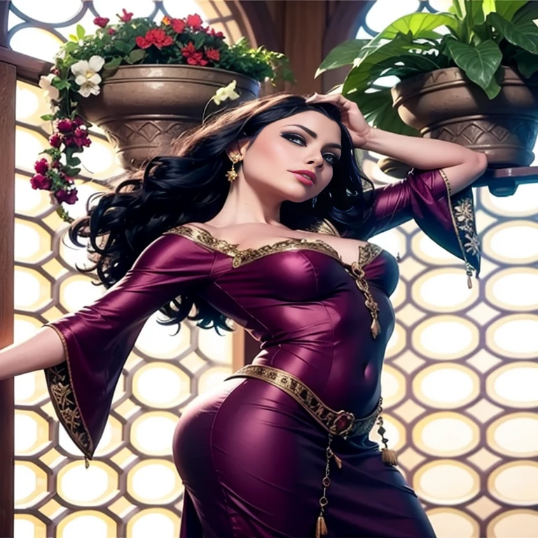 Masterpiece, best quality, detailed face, perfect eyes, Mother Gothel, long red dress, black hair, cleavage, looking at viewer, sexy smirk, next to a window with potted plants, close up