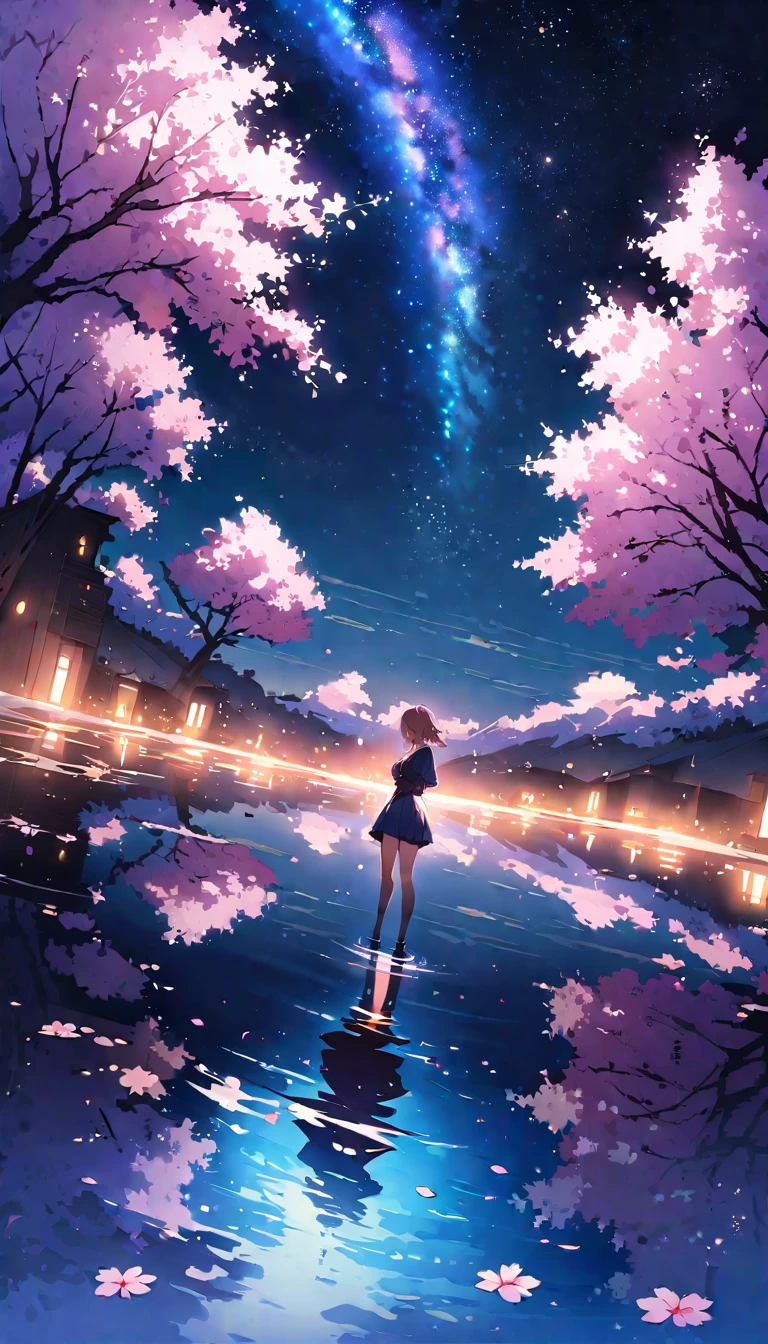 （（Best Quality））， （（Masterpiece））， （（Ultra Wide Angle）），night,Women、，standing on the salt lake，The water surface is like a mirror，Reflecting the sky。Look at the sky，The Milky Way is in the sky,cherry blossoms,cherry blossoms並木,ピンクのcherry blossoms,cherry blossomsの巨木