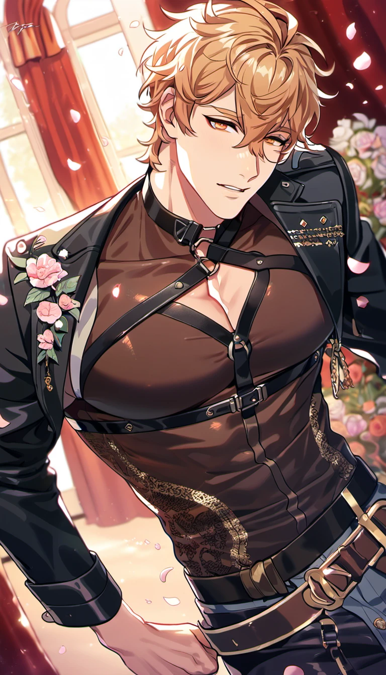 absurdres, highres, ultra detailed, HDR, master piece, best quality, Quincy, blond messy short hair, expressive orange eyes, Nu Carnival, solo, sexy man, handsome, small tight black leather shirt, black leather coat, belt around his chest,window, red curtains, petals, flowers