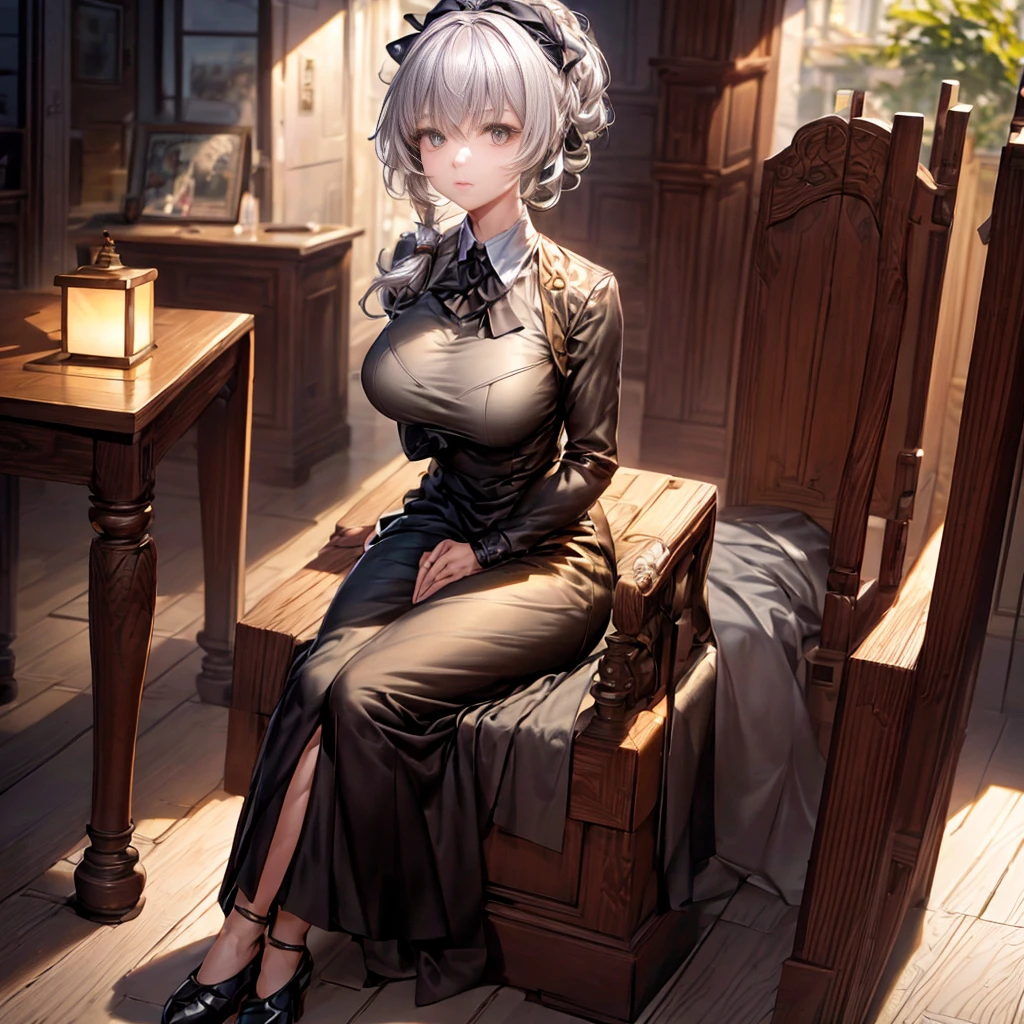 Anime characters sit on thrones, huge black bell building in the back Best anime 4k konacha wallpaper, trending on Artstation Pixiv, White-haired god, Portrait knight of girls, sitting in a gilded throne, Guweiz on ArtStation Pixiv, Guweiz in Pixiv ArtStation, Kushatt Krenz Key Art Women, white silver hair, gradient hair, chiaroscuro, GREY EYES, Cinematic lighting, Motion blur, Ray tracing, god light, image fill, cubism, verism, High detail, vanishing point, The lens is far away, in a panoramic view, Sony FE GM, hyper HD, Masterpiece, retinas, Masterpiece, Anatomically correct, textured skin, high details, Award-Awarded, a high resolution, best quality, high quality, super detail