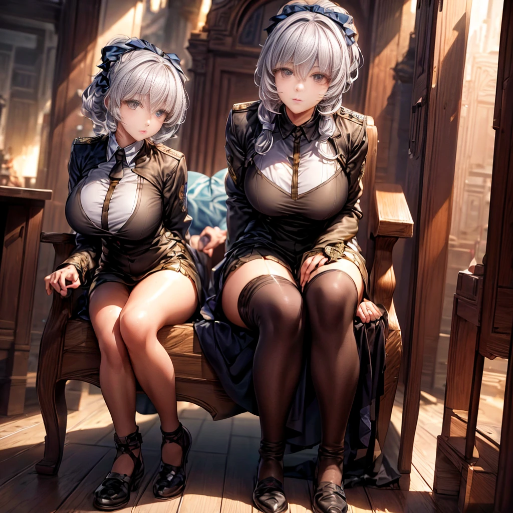 Anime characters sit on thrones, huge black bell building in the back Best anime 4k konacha wallpaper, trending on Artstation Pixiv, White-haired god, Portrait knight of girls, sitting in a gilded throne, Guweiz on ArtStation Pixiv, Guweiz in Pixiv ArtStation, Kushatt Krenz Key Art Women, white silver hair, gradient hair, chiaroscuro, GREY EYES, Cinematic lighting, Motion blur, Ray tracing, god light, image fill, cubism, verism, High detail, vanishing point, The lens is far away, in a panoramic view, Sony FE GM, hyper HD, Masterpiece, retinas, Masterpiece, Anatomically correct, textured skin, high details, Award-Awarded, a high resolution, best quality, high quality, super detail