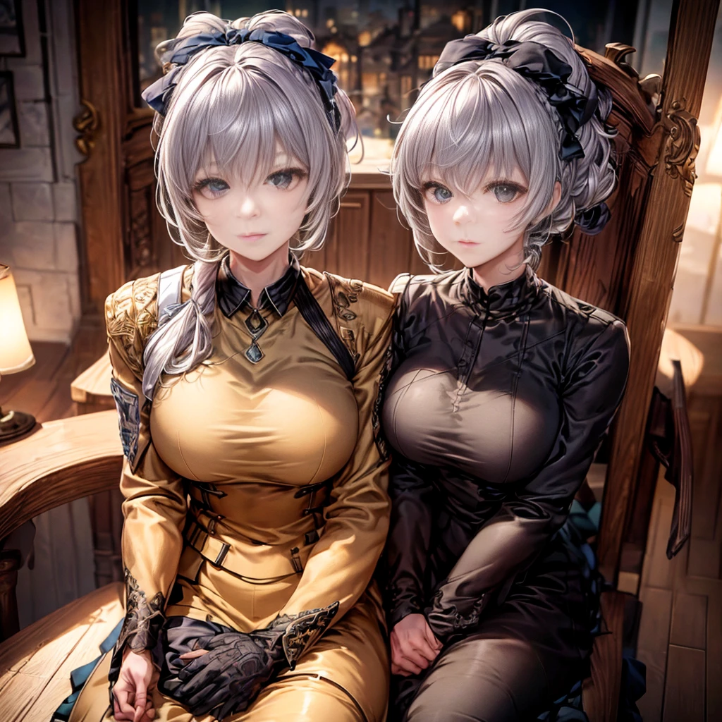 Anime characters sit on thrones, huge black bell building in the back Best anime 4k konacha wallpaper, trending on Artstation Pixiv, White-haired god, Portrait knight of girls, sitting in a gilded throne, Guweiz on ArtStation Pixiv, Guweiz in Pixiv ArtStation, Kushatt Krenz Key Art Women, white silver hair, gradient hair, chiaroscuro, GREY EYES, Cinematic lighting, Motion blur, Ray tracing, god light, image fill, cubism, verism, High detail, vanishing point, The lens is far away, in a panoramic view, Sony FE GM, hyper HD, Masterpiece, retinas, Masterpiece, Anatomically correct, textured skin, high details, Award-Awarded, a high resolution, best quality, high quality, super detail