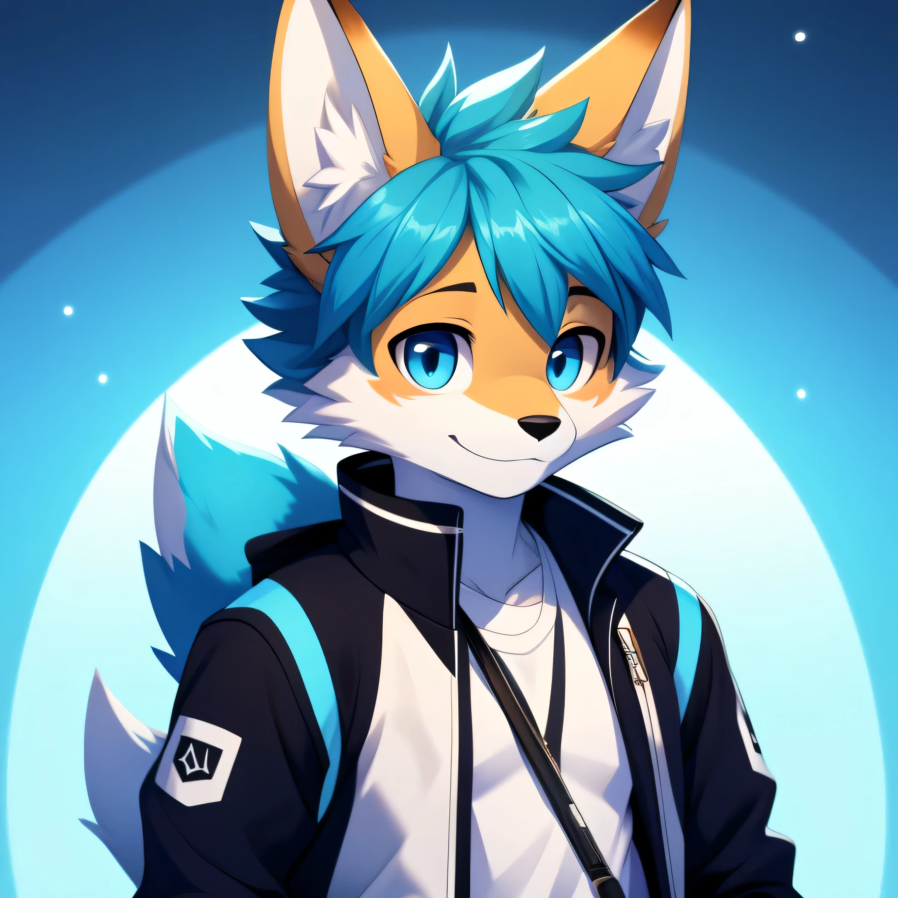 SFW furry fox color blue and white with a black tuft on the top of his head, wearing a jacket. For pose he is holding a pencil with a somewhat shy expression