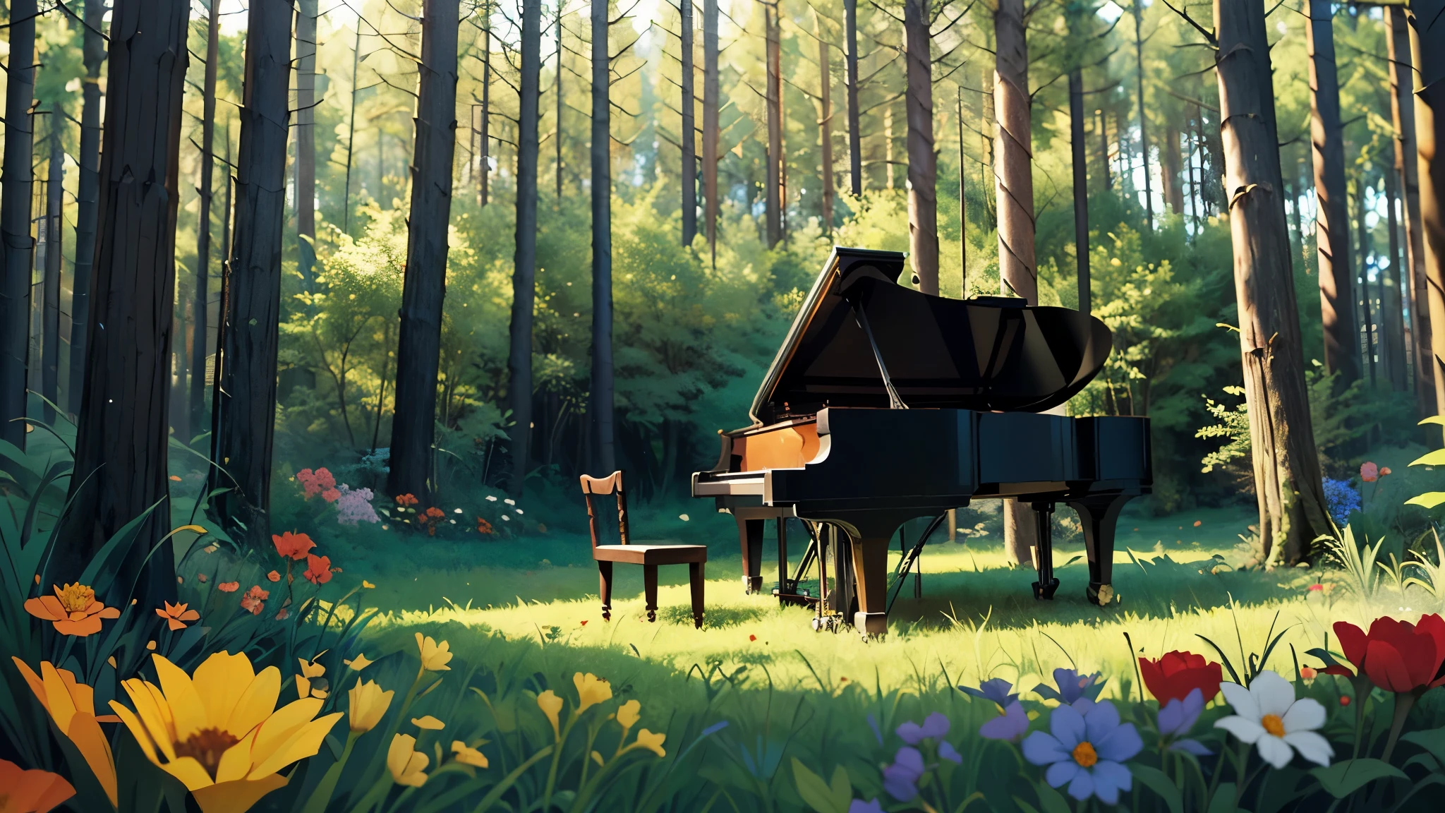 Flowers, fantasy, high quality, music room in the woods, no people, various instruments, in the woods, outside, spectacular view, mysterious, fantastic, beautiful,
