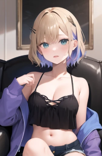 young girl, short blonde hair, Bob hairstyle, violet eyes, Black and white tight magic dress, open belly, open breasts, Wide neckline, The Sun and the Moon, Masterpiece, hiquality