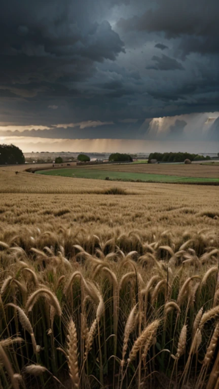 Field of wheat, in heavy rain. Wheat looks grey, shrivelled wheat stalks, Male medieval peasant, poor, ragged clothing, wet clothes