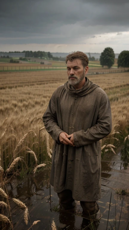 Field of wheat, in heavy rain. Wheat looks grey, shrivelled wheat stalks, Male medieval peasant, poor, ragged clothing, wet clothes