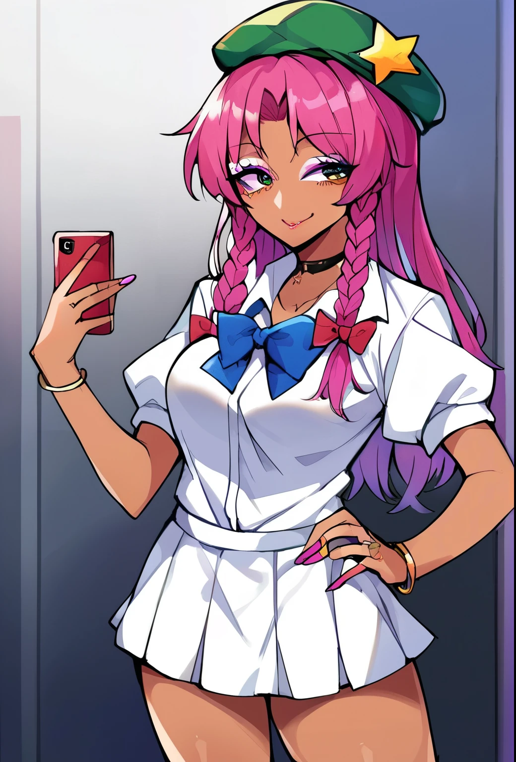 source_anime, (2d), score_9, score_8_up, score_7_up, score_6_up, score_5_up, score_4_up, solo, 1girl, standing, holding phone, looking at phone, hand on hip, gyaru, tanned skin, pink thin lips, choker, makeup, pink eyeshadow, jewelry, smile, hong_meiling_touhou, braid, long_hair, red_hair, twin_braids, star_\(symbol\), hat, hat_ornament, star_hat_ornament, beret, bow, bangs, blue_eyes, breasts, hair_bow, ribbon, green_headwear, cowboy shot