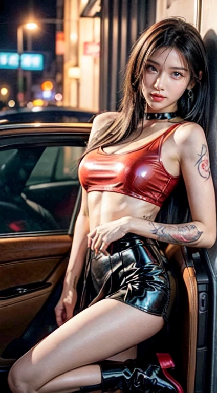 (realistic:1.5),(best quality), Very detailed and realistic CG work., (Masterpiece),(detailsดีเยี่ยม), Quality like a DSLR camera, exquisite, high resolution, 8k wallpaper, Beautiful night view of Cyberpunk city.:1.2, The city is decorated with neon lights and holograms.., Create a unique atmosphere for the cyberpunk world. (1 girl), Beautiful girl, 25 years old (half body:1.5), Athletes with strong bodies,Height 165 cm., Have a six pack,There are muscles in every part., Tightening muscles, Thighs are strong and beautiful., details, Big hips, The legs are large with muscular grooves., Beautiful legs,muscular legs, You can see the veins on your arms and hands., The arms have beautiful muscular grooves., (beautiful tattoo:1.4),,outer thigh tattoo,upper arm tattoo, (A short, single-strap tank top that lifts up and hugs bulging breasts., light clothing,The shirt has a deep scoop neck, showing off her breasts, revealing her breasts.), Wear red high heeled ankle boots.)), (Luxurious shiny latex:1.4),(Red pleated miniskirt,Shiny, lowest waist:1.4,)、20 years old、Show your belly,(Cute tattoos:1.4)、It's wet.,choker:1.4、necklace:1.4、earring:1.4、 Beautiful face、Look without fear、beautiful eyes,beautiful brown eyes, Sharp eyes,Dark eyelids,Long eyelashes, red lips,Biting your lip looks sexy,Thin mouth,The corners of the mouth are raised.,(dynamic gesture', (Open your legs to eye level.)、((Sit on the hood of a luxury car and open your legs.)) Pose in style,(Stylish beautiful girl:1.4))、