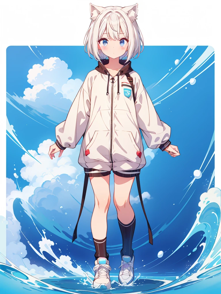 1girl、Only a loose tracksuit top、Rib knit cuffs and hem、vtuber-fullbody、Milky white short hair、