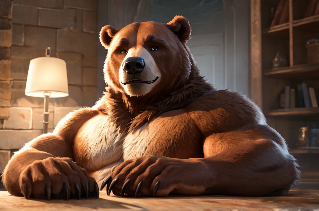 3D render, male, solo, bear, full body, beefy, Muscle, Delicate face, Delicate eyes, realistic, masterpiece, highest quality, lens flare, unreal engine, trending on ArtStation, Intricate, High Detail, dramatic, realism, realistic, sitting, bara, muscle, furry, day, bed, looking_at_viewer, detailed eyes, detailed body, detailed face, bright room, expressive, masculine, devilish smirk) 8k HD, hdr, masterpiece, full body, detailed eyes, musclegut