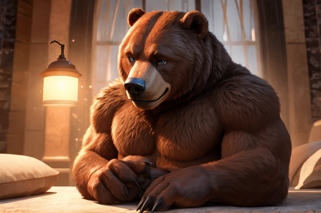 highest quality 3D render bringing the muscle-bound bear to life. The detailed textures of his fur and skin, the realistic creases of his large paws, and the intricately rendered claws all come together to create a masterpiece. The lens flare from the lamp adds a trending, artistic touch, while the unreal engine brings a level of depth and visual fidelity that is truly unparalleled.

The bear's face is a study in expressive masculinity, with a happy and contented expression that seems to radiate warmth and satisfaction. His delicate eyes, large and bright, are filled with a soft blue blush that adds to the sensuality of the moment. His