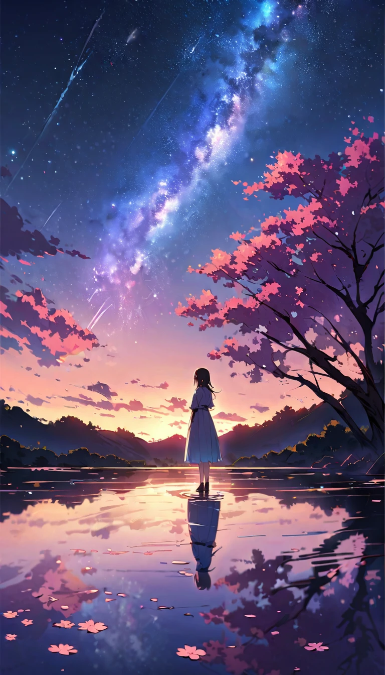 （（Best Quality））， （（Masterpiece））， （（Ultra Wide Angle）），night,Women、，standing on the salt lake，The water surface is like a mirror，Reflecting the sky。Look at the sky，The Milky Way is in the sky,cherry blossoms,cherry blossoms並木,ピンクのcherry blossoms,cherry blossomsの巨木
