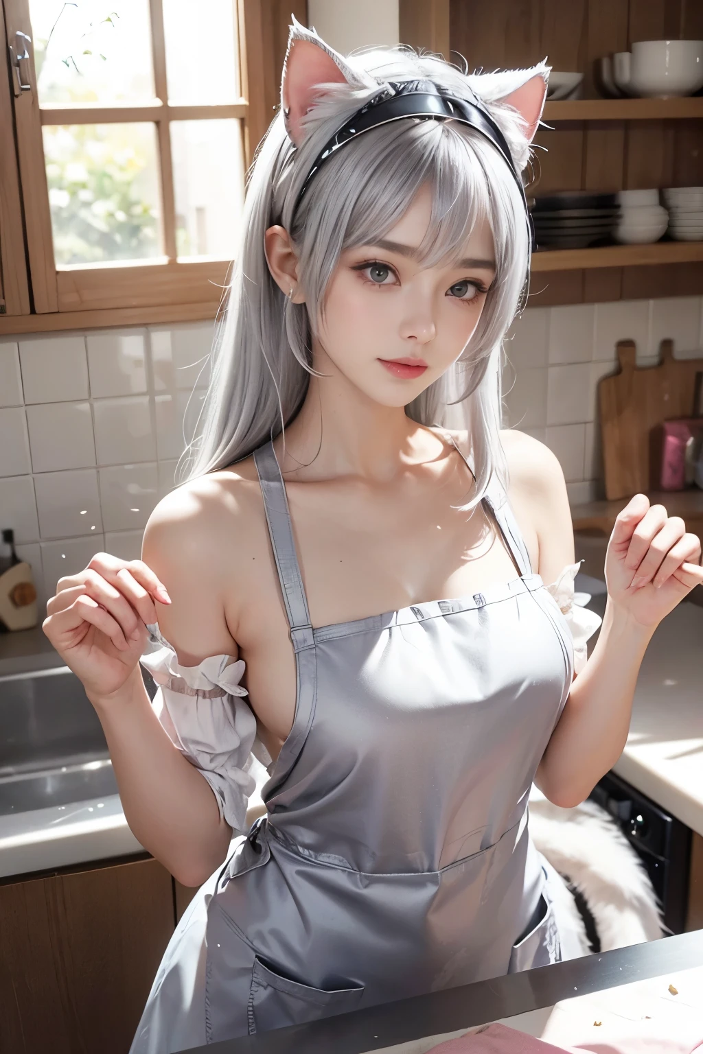Silver hair, hair bang, cat ears headband, shining hair, skin pores, shining skin, pink apron, in kitchen lovely, beautiful