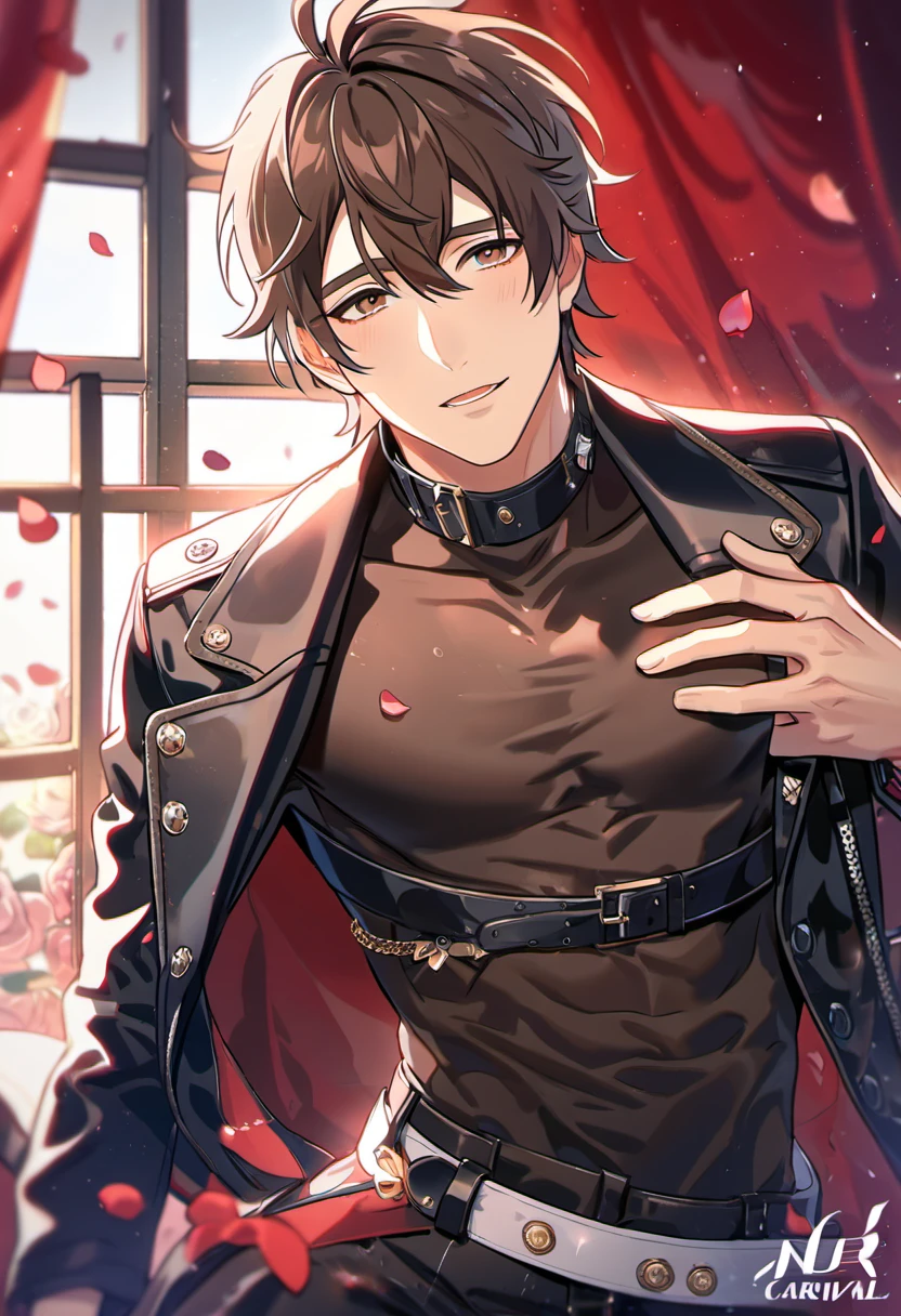 absurdres, highres, ultra detailed, HDR, master piece, best quality, Eiden, brown hair, expressive brown eyes, Nu Carnival, solo, sexy man, handsome, small tight black leather shirt, black leather coat, belt around his chest,window, red curtains, petals, flowers