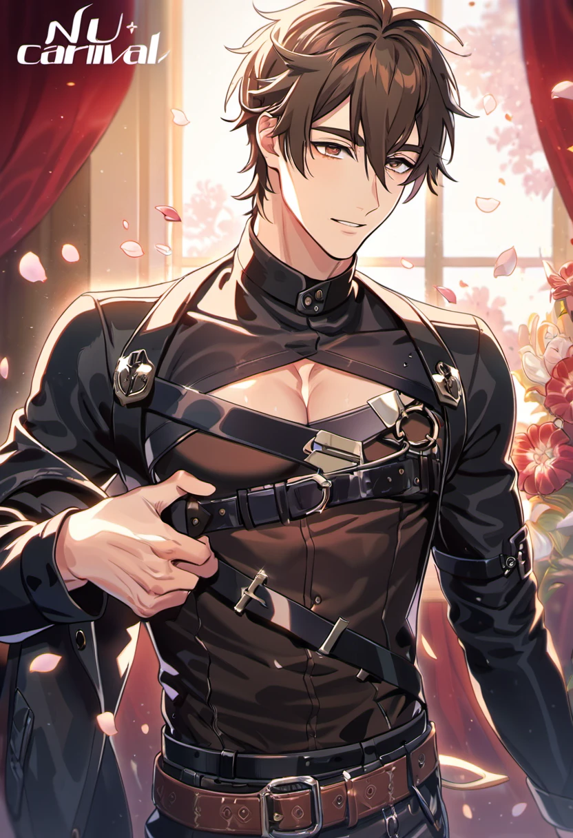 absurdres, highres, ultra detailed, HDR, master piece, best quality, Eiden, brown hair, expressive brown eyes, Nu Carnival, solo, sexy man, handsome, small tight black leather shirt, black leather coat, belt around his chest,window, red curtains, petals, flowers