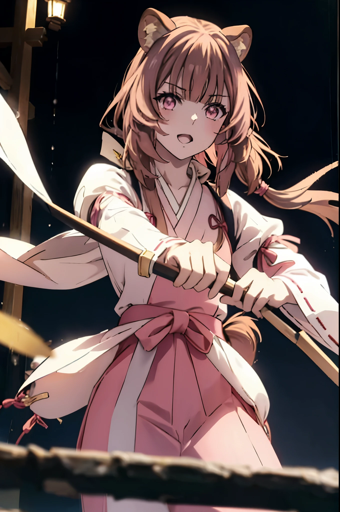 Raphtalia, Raphtalia, Long Hair, bangs, brown hair, Animal ears, Raccoon Ears, Raccoon Tail, Raccoon Girl, (Pink Eyes:1.3), happy smile, smile, Open your mouth,Platycodon grandiflorum,Miko, White Kimono,Red Hakama Kimono, As with the skirt, Wide sleeves, Long sleeve, Thick sleeves,Ribbon-trimmed sleeves, Daytime,Clear skies,
とてもLong Hair, 鈍いbangs, Low ponytail,
break outdoors, shrine,torii,
break looking at viewer, (Cowboy Shot:1.5),
break (masterpiece:1.2), highest quality, High resolution, unity 8k wallpaper, (figure:0.8), (Beautiful fine details:1.6), Highly detailed face, Perfect lighting, Highly detailed CG, (Perfect hands, Perfect Anatomy),