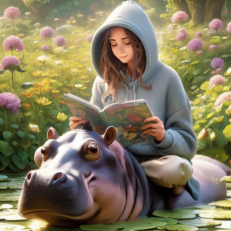 araffe reading a book to a hippo in a garden, cyril rolando and m.w kaluta, cyril rolando and m. w kaluta, cyril rolando and goro fujita, sitting on a lotus flower, beautiful digital artwork, magali villeneuve and monet, in style of cyril rolando, realistic fantasy illustration, alex gross