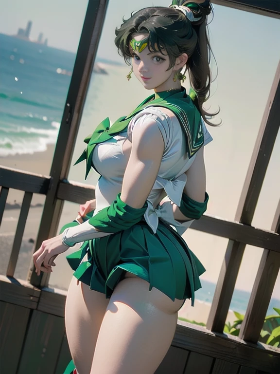 ((((best quality))))、(((Super fine CG16K wallpaper)))、(((masterpiece)))、(((Ultra Detailed)))、(((Extreme details)))、((1Mature 24 year old woman:1.3))、((Very beautiful Japanese face))、((Shiraishi:1.3))、((straight long ponytail、Bangs:1.5))、(Shiny Brown Hair)、Beautiful and delicate eyes、Brown eyes、high nose、small nostrils、Little mouth、seductive lips、Beautiful breasts、((C cup size breasts))、cleveage、sexy body、,Cleavage,Perfect proportion、Perfect anatomical structure、perfect composition、Beautiful and detailed shadows、美丽的Natural light线、beautiful detailed glow、Writing border depth、(((High chroma)))、(((real:1.9)))、((vivid:1.5))、((beautiful skin))、((Texture))、((realな皮膚感))、(((Thigh high cowboy shot:1.6)))、((Front view、Front low angle:1.5))、((Shy smile:1.5))、(Woman facing this way:1.5)、bright daylight、Natural light、(((On a hill,Sea view:1.5)))、(standing posture:1.8)、(((Wearing a green Sailor Senshi costume:1.8)))、((earrings、wear necklace:1.3))、