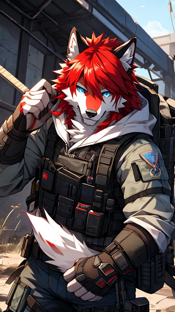 modern warfare、white wolf、furry, red hair, blue eyes, white fur