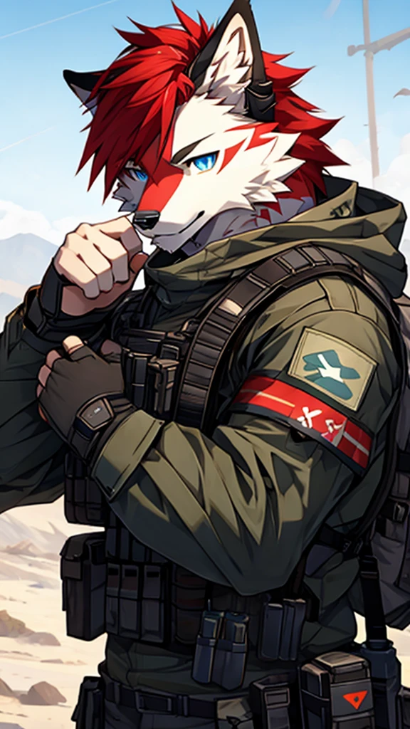 modern warfare、white wolf、furry,   red hair,   blue eyes,   white fur