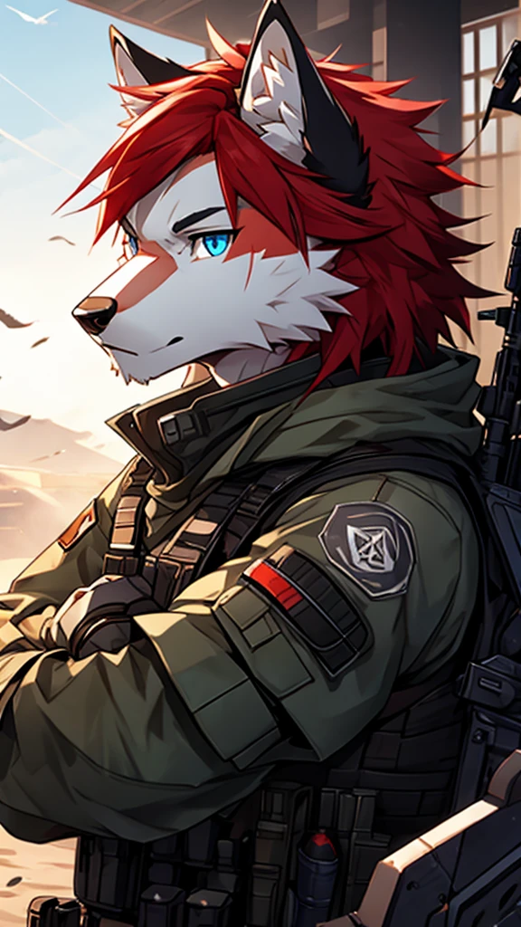 modern warfare、white wolf、furry, red hair, blue eyes, white fur