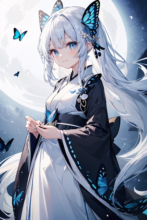32k, perfect body, cute, sweet smile, cute dress, long hair, silver hair, black dress, ((black butterfly)), ((blue butterfly hair ornament)), ((blue butterfly shaped brooch )), ((white butterfly dress)), (((good quality))), ((white kimono), ((white Japanese dress)), , ((full moon)),