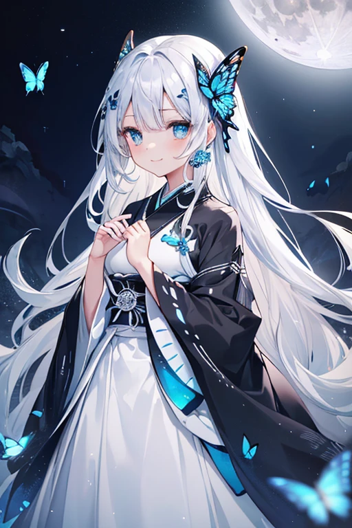 32k, perfect body, cute, sweet smile, cute dress, long hair, silver hair, black dress, ((black butterfly)), ((blue butterfly hair ornament)), ((blue butterfly shaped brooch )), ((white butterfly dress)), (((good quality))), ((white kimono), ((white Japanese dress)), , ((full moon)),