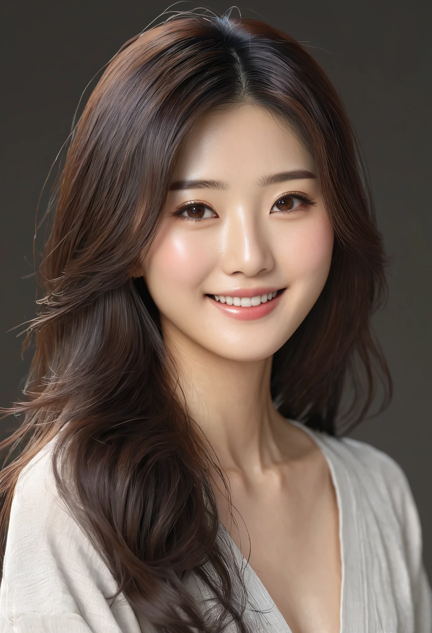 Create a beautiful japanese model, 25 aged, realistic, detailed image, little smile, half body image, long hair