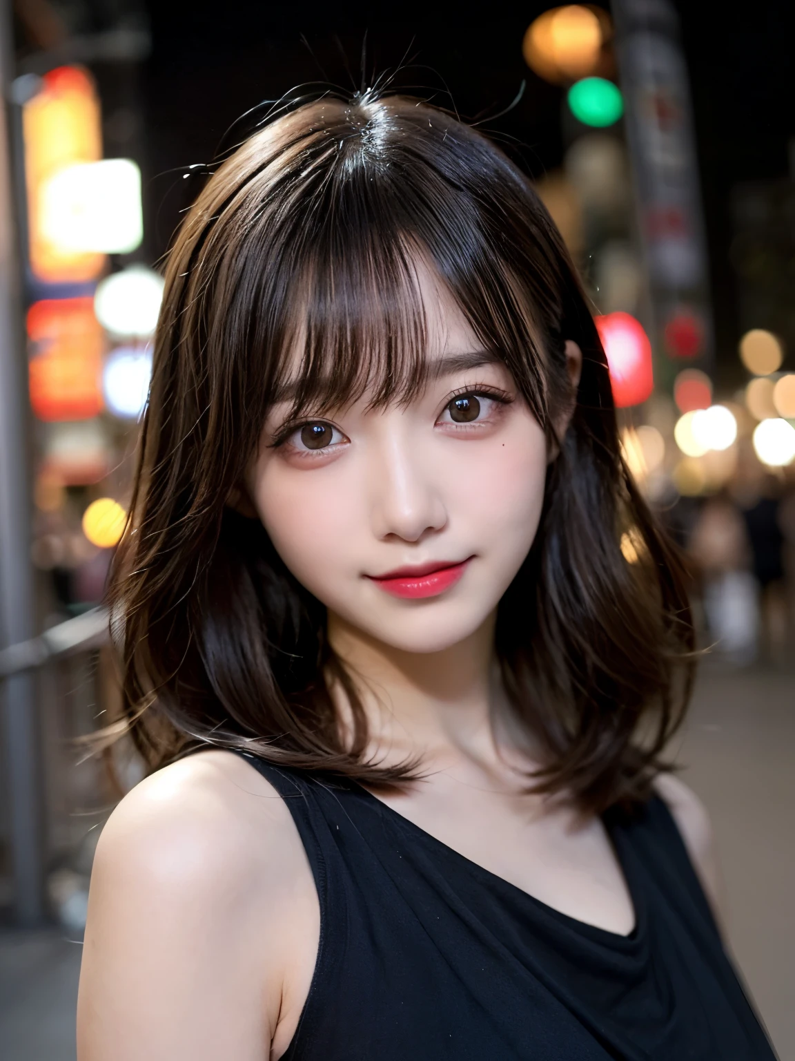 Tabletop, highest quality, shape, Very detailed, finely, High resolution, 8k wallpaper, 完璧なダイナミックな構shape, finelyて美しい目, Wearing a black dress,Medium Hair,Natural color lip, smile,Harajuku、Teenage Girl、cute、Looking at the camera、C Cup、brown hair、Blurred night new york background