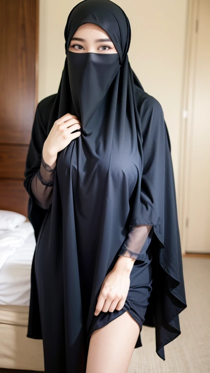 a beautiful young woman hijab, (((super big breast))), (very big naked breast) perfect face, (((very huge big breast,))), ((( Big Breast))) long dress muslim, (((covering mouth, long veil))), thigh legs, naked body, showing pussy, Slim Face、20 years old, stil young, Pretty Lady, smile eyes, sleep in bedroom, stand up, (big breast covered) , see full image