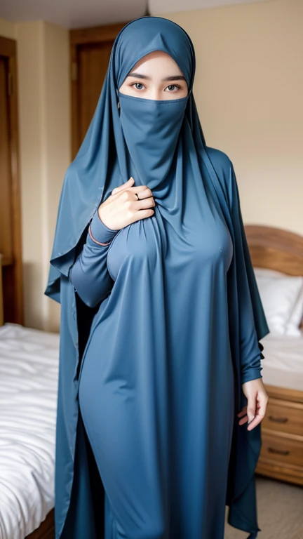 a beautiful young woman hijab, (((super big breast))), (very big naked breast) perfect face, (((very huge big breast,))), ((( Big Breast))) long dress muslim, (((covering mouth, long veil))), thigh legs, naked body, showing pussy, Slim Face、20 years old, stil young, Pretty Lady, smile eyes, sleep in bedroom, stand up, (big breast covered) , see full image