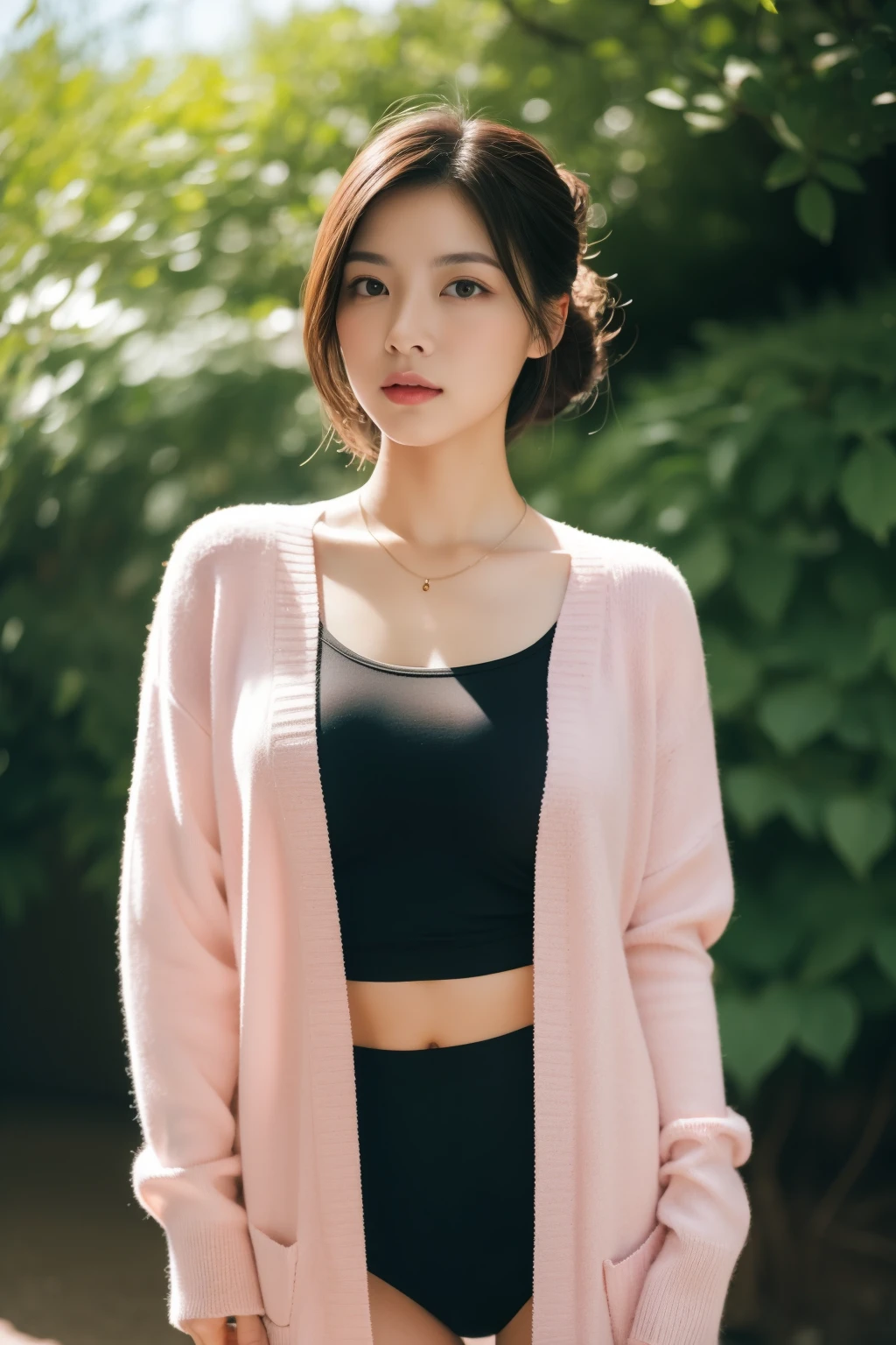 asian lady wear (((pink cardigan))), ((black underwear), necklace, small breast, rounded shape breast, ((she)), ((mid-shot, full body, slender waist)), Hair Up Do、 Glowing eyes, nose blush, Carl Larsson, Alfonse Mucha, Chiaroscuro, Film Glenn, reflective light, (((mid-Shot))), waist to top,longshot show full body, masterpiece, high details, sun light on her, leaf shading, ((lean forward)) ,
