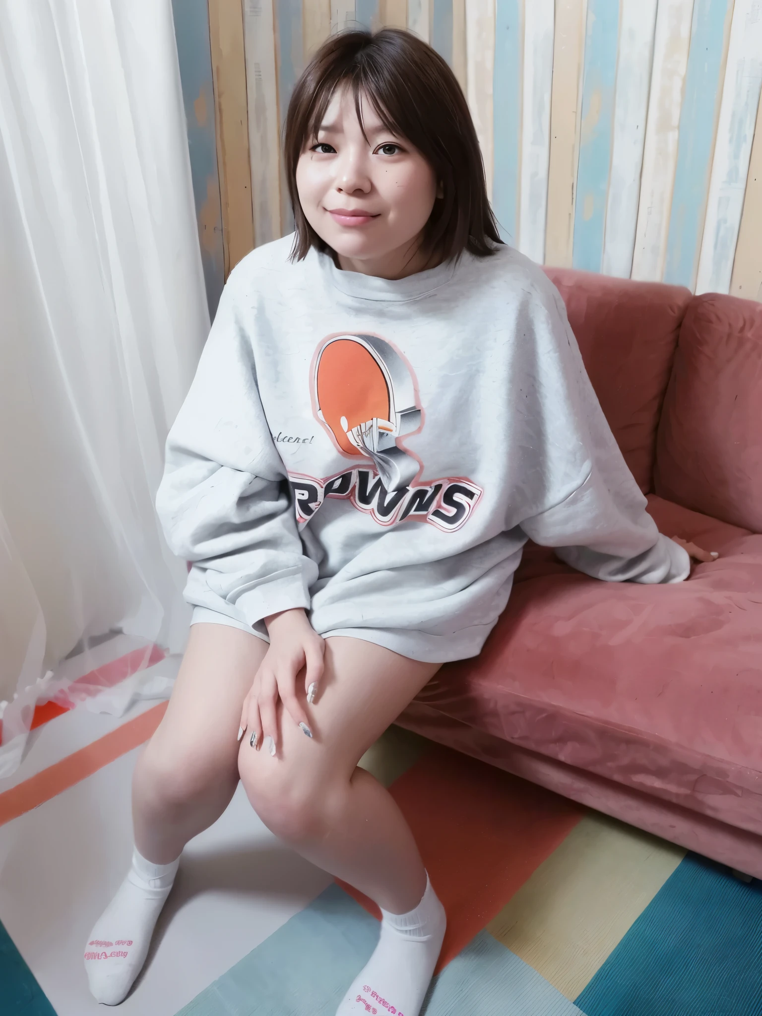 arafed woman sitting on a couch in a room with a pink couch, mid shot portrait, wearing sweatshirt, she is wearing streetwear, long orange sweatshirt, medium portrait, with round cheeks, chiho, taken with canon eos 5 d mark iv, 👁🌹👾, taken with canon eos 5 d, taken with canon 8 0 d, japanese streetwear, beams