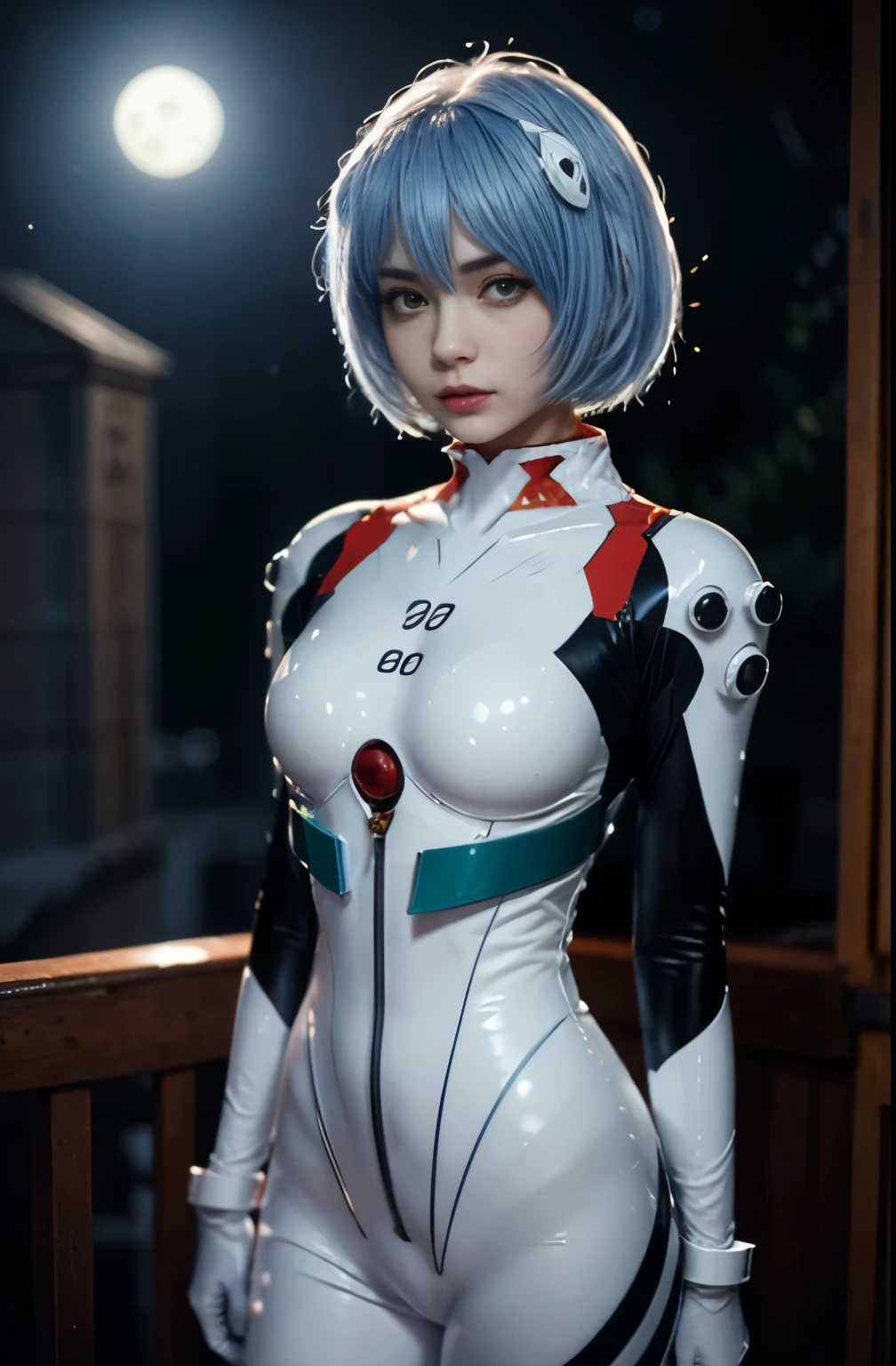 (best quality, masterpiece, colorful, dynamic angle, highest detailed)(\Rei Ayanami\), upper body photo, fashion photography of cute girl (\Rei Ayanami\), red eyes, dressing high detailed Evangelion white suit (high resolution textures), in dynamic pose, bokeh, (intricate details, hyperdetailed:1.15), detailed, moonlight passing through hair, (fantasy colors background, official art, extreme detailed, highest detailed), HDR+