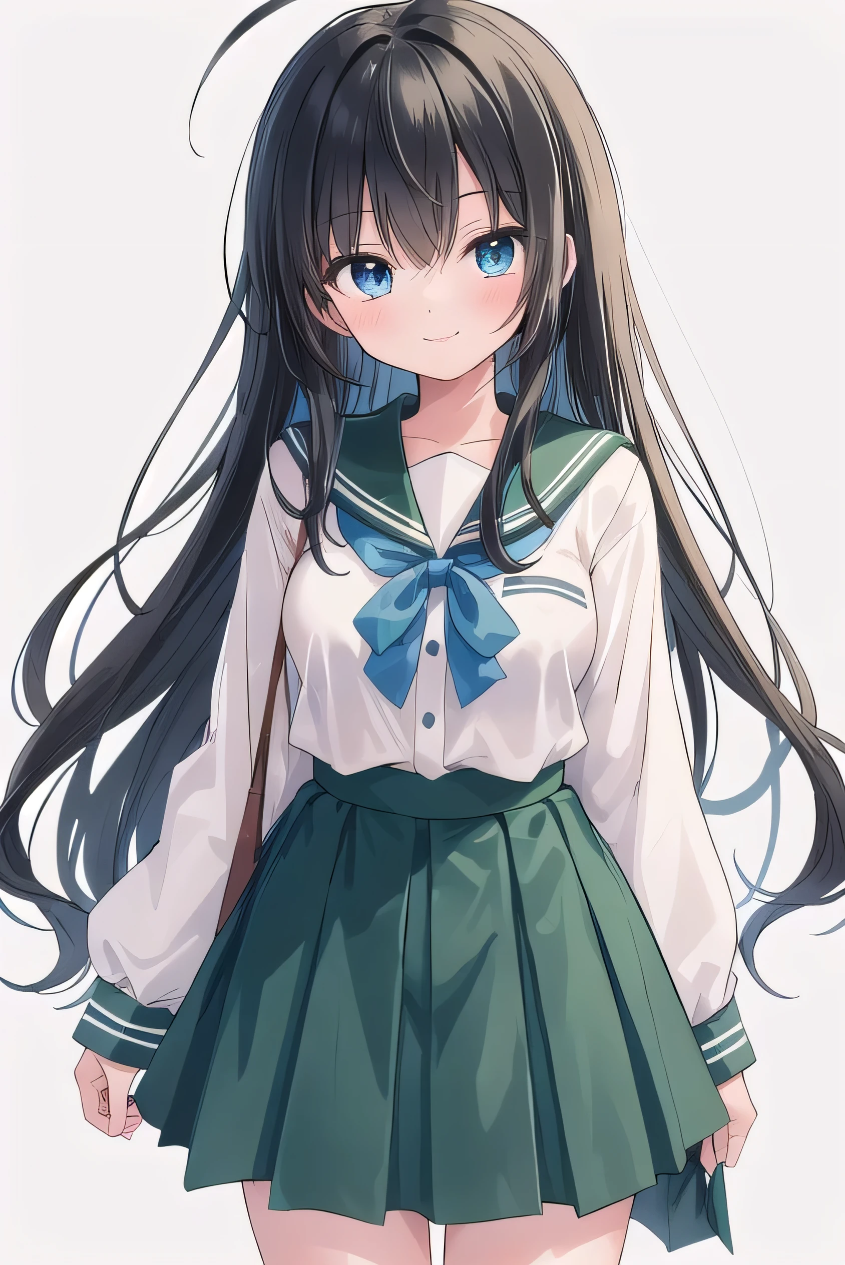 Junior high school student who looks like an elementary school student, 14 years old, very short, 140cm tall, black hair with a slight green tinge, short ahoge, beautiful long hair but with a little hair sticking out, beautiful round eyes, blue eyes, smile, boyish, long sleeves , thick clothes, skirt, big breasts, hair longer than waist, long hair, young face, dark greenish black hair, gentle smile, a little shy, skirt is black, hair is black but has a slight green tinge, boyish and gentle smile I have.
