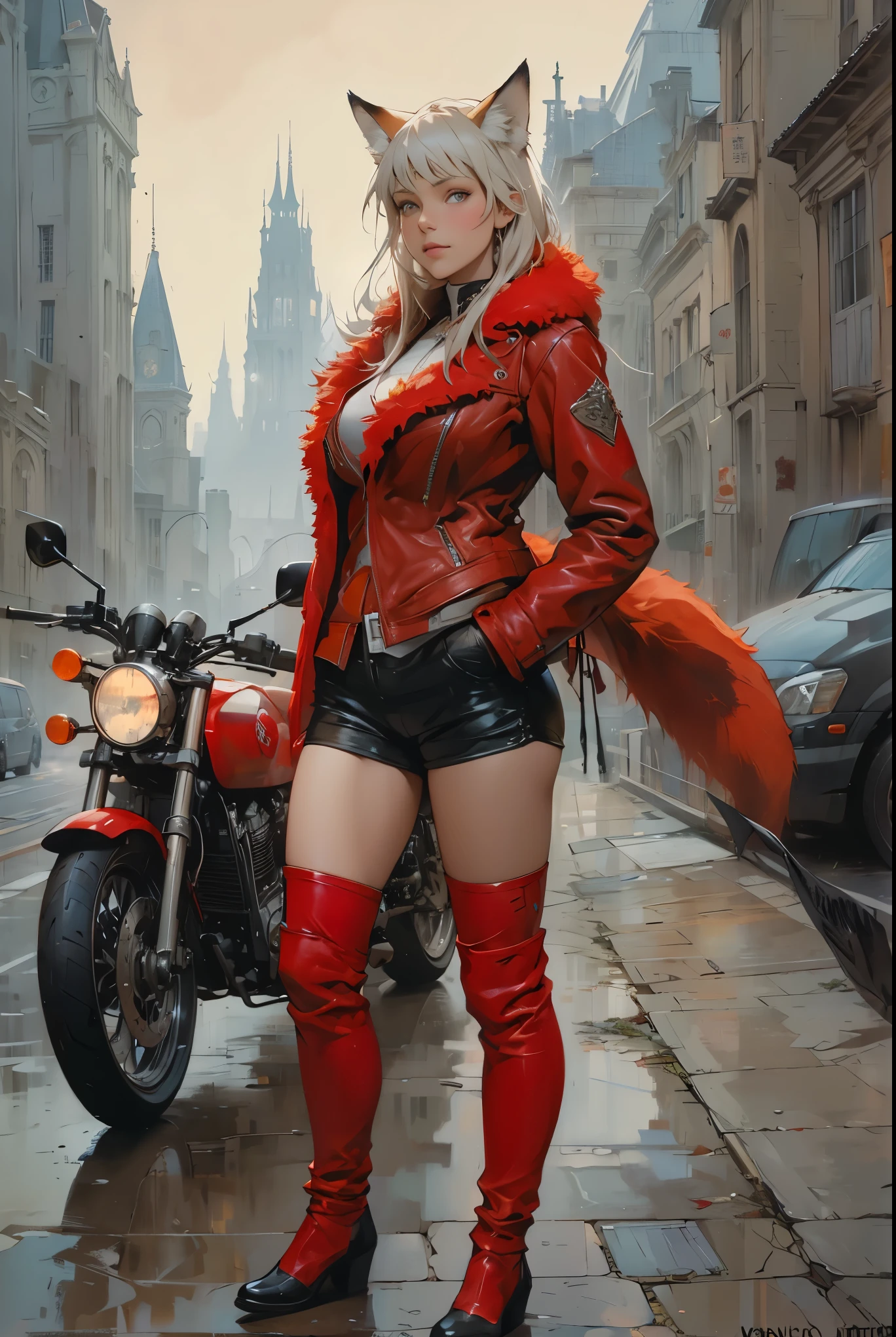 Realism, dark fantasy style, John Tolkien style, small painting by Jean-Baptiste Monge, erotic fox girl with big breasts, in a short red fur coat ....., in short shorts, standing next to a motorcycle, City, metropolis, urban highway, big house, glass skyscraper Jean-Baptiste Monge, anthropomorphic -AR 2:3 -test -optimistic;