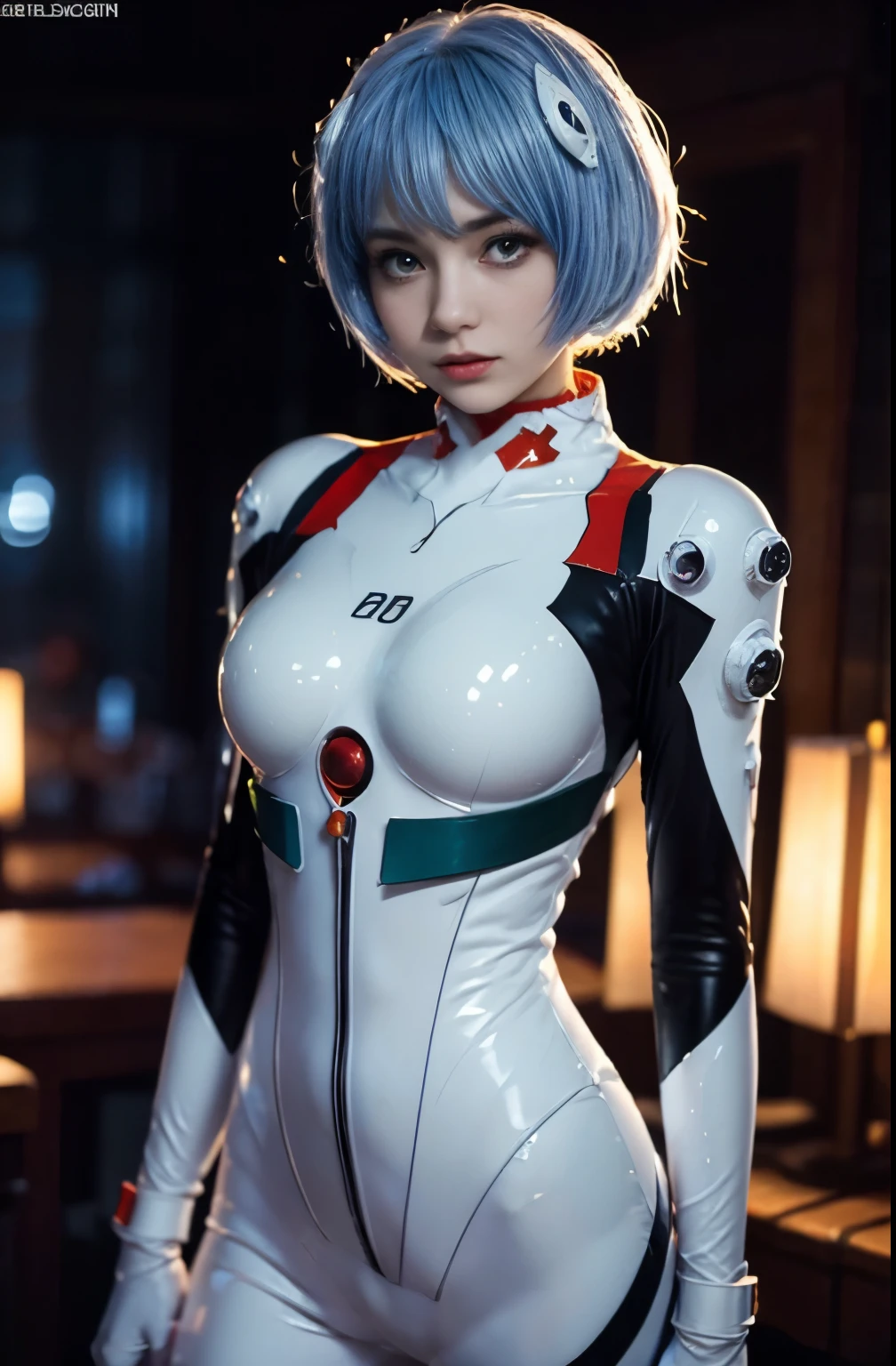 (best quality, masterpiece, colorful, dynamic angle, highest detailed)(\Rei Ayanami\), upper body photo, fashion photography of cute girl (\Rei Ayanami\), red eyes, dressing high detailed Evangelion white suit (high resolution textures), in dynamic pose, bokeh, (intricate details, hyperdetailed:1.15), detailed, moonlight passing through hair, (fantasy colors background, official art, extreme detailed, highest detailed), HDR+