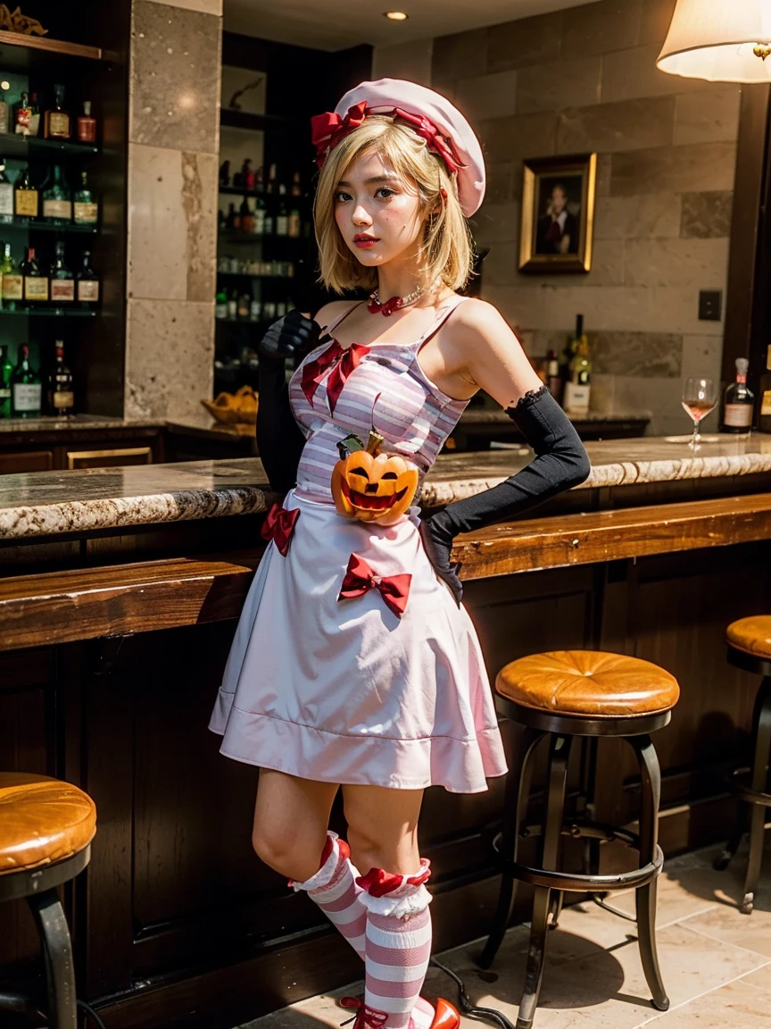 (1 lady), The beautiful, (Best quality at best:1.4), (ultra - detailed), (extremely detailed CG unified 16k), gold blonde hair, very detailed, High-definition RAW color photo, professional photoshooting, amazing face and eyes, cosmetics, (amazingly beautiful girl), ((lambdadelta)), ((dress, shoes bow, red shoes, striped stockings, red bow, pink hat, necklace, gloves, pearl, pumpkin brooch, pink dress)), standing, sexyposture,(Dark and stylish bar, drinks, lamp lights, lamp lights:1.3), (look from down), realistic cinematic face, head to feet long wide zoomed out view, full body long view, photorealistic, ((realistic natural blonde hair style, honey eyes)), gorgeous, extremely beautiful face, perfect model beauty, pout mouth, flirting smile, cleavages, city girl, western, shopping in the city, (masterpiece), best quality, high resolution, extremely detailed, blurred background, depth of field, cinematic lighting, amazing legs, high heels, clear and well-cared skin