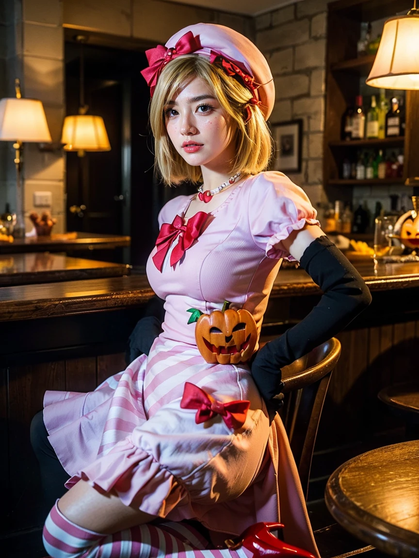 (1 lady), The beautiful, (Best quality at best:1.4), (ultra - detailed), (extremely detailed CG unified 16k), gold blonde hair, very detailed, High-definition RAW color photo, professional photoshooting, amazing face and eyes, cosmetics, (amazingly beautiful girl), ((lambdadelta)), ((dress, shoes bow, red shoes, striped stockings, red bow, pink hat, necklace, gloves, pearl, pumpkin brooch, pink dress)), standing, sexyposture,(Dark and stylish bar, drinks, lamp lights, lamp lights:1.3), (look from down), realistic cinematic face, head to feet long wide zoomed out view, full body long view, photorealistic, ((realistic natural blonde hair style, honey eyes)), gorgeous, extremely beautiful face, perfect model beauty, pout mouth, flirting smile, cleavages, city girl, western, shopping in the city, (masterpiece), best quality, high resolution, extremely detailed, blurred background, depth of field, cinematic lighting, amazing legs, high heels, clear and well-cared skin