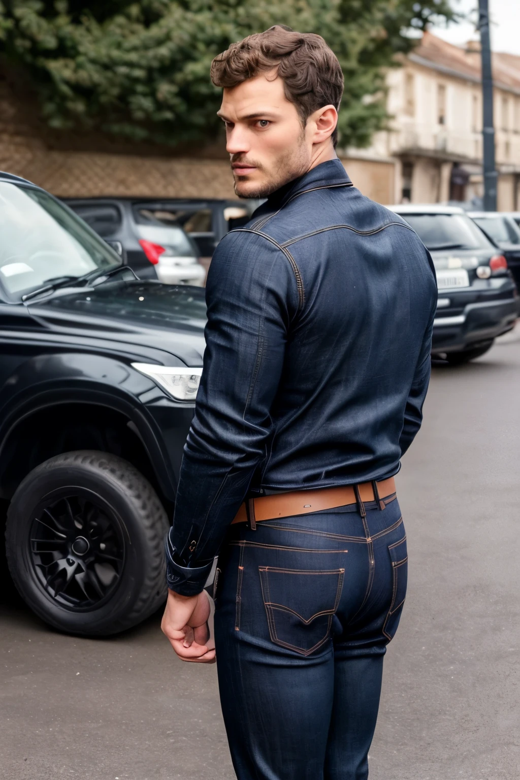 hombre nalgon, (Usar barba oscura y atractiva.) Escena de pelicula, (Impecable) ,Hombre serio y elegante, Actor Jamie Dornan, con espesas cejas masculinas, agente secreto 007 estilo hombre, nalgon, (con cara misteriosa y seria,) pelo corto y oscuro, imagen de fondo negro oscuro,elegante y elegante, Man similar to actor Jamie Dornan, ( imagen realista y de alta calidad), ((Mejor calidad, 8K, obra maestra). Jeans backside