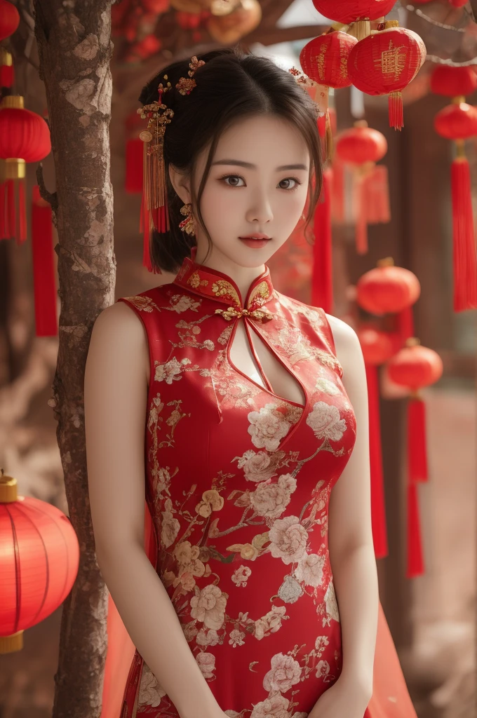 Arafed woman in a red dress standing in front of a tree, cheongsam, vestido chino, vistiendo un cheongsam rojo, Estilo chino, encaje rojo, traje chino, preciosa modelo china, Festival de fantasmas hambrientos, con ropa china antigua, mujer china, shaxi, Chinese girl, hermosa dama, chino tradicional, chino tradicional clothing, big breasts