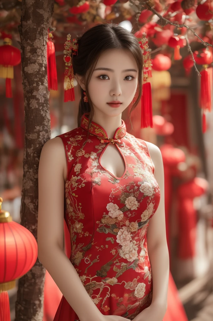 Arafed woman in a red dress standing in front of a tree, cheongsam, vestido chino, vistiendo un cheongsam rojo, Estilo chino, encaje rojo, traje chino, preciosa modelo china, Festival de fantasmas hambrientos, con ropa china antigua, mujer china, shaxi, Chinese girl, hermosa dama, chino tradicional, chino tradicional clothing, big breasts