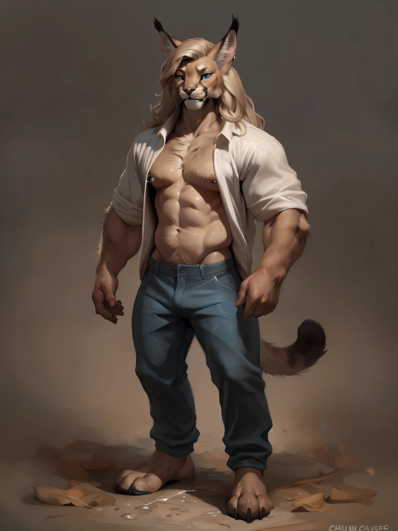 1 man, feline anthro, caracal, mammal, whiskers, bara, caracal anthro, fangs, inner ear fluff, beige body, white belly, (ear nose and nipple piercing), (long wavy hair, messy, light sandy hair color), blue eyes, sleepy eyes, ectomorphic body, spongy, tall and thin body, pectorals, muscular, wide back small waist, expressive, hairy body, bottomwear, clothed, clothing, pants, wide pants, open shirt, baggy clothing, solo, tail, tail feline, ((full shot, full body portrait)), 5 fingers, furry detailed eyes and face (by Bebebebebe, by Spikes, by Darkgem, by Taran Fiddler, by Chunie,r)