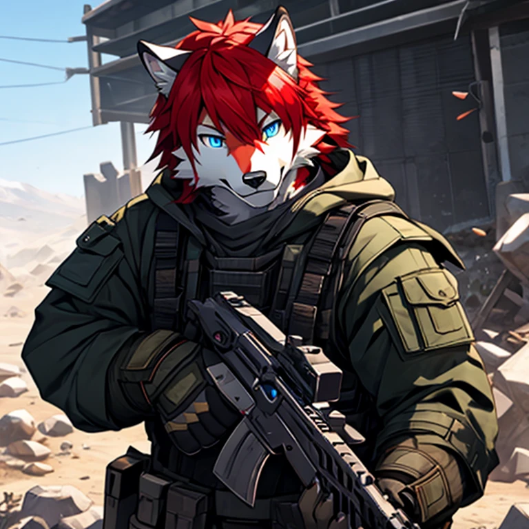 modern warfare、white wolf、furry,   red hair,   blue eyes,   white fur