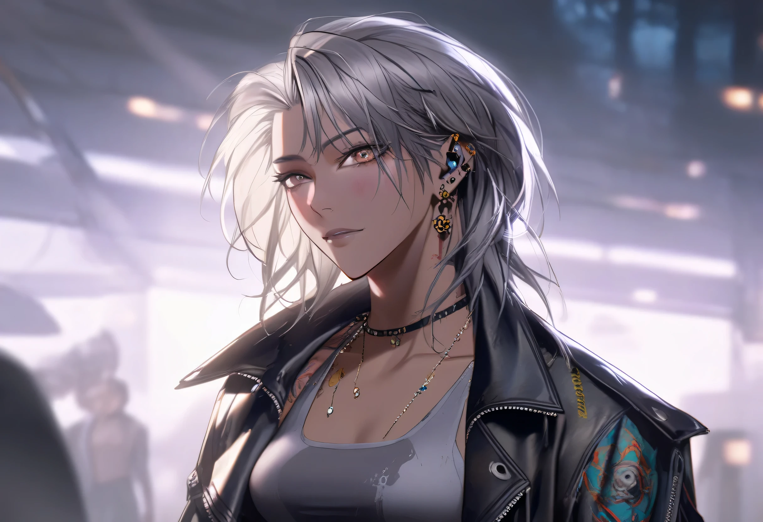 [Best quality, 4k, 16k], [Ultra-detailed],, [cowbot shot], [Woman], [Grey hair], [Very dark skin], [Mullet hairstyle], [Asymmetrical hair], [Ear piercing], [Solo], [Looking at viewer], [Wounds], [Scars], [Toned], [Abs], [Jacket], [Crop top], [Pants], [Arm tattoo], [Official art], [Vivid colors], [Bokeh], [Professional], [Physically-based rendering], [Studio lighting], [Ultra-fine painting], [Sharp focus], [Grey color tone], [Soft lighting]